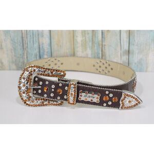 BHW Rhinestone Western Belt Size S (28) Brown Orange Jewel